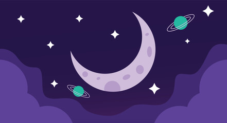 Cosmos background of moon and stars, purple flat vector illustration © VECTOR QUEEN
