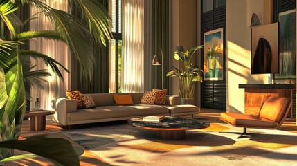 AI-generated modern home living room with a luxury hotel style, featuring USA-inspired design, bold accents, and natural materials, set in diverse environments to create elegant, dynamic stock imager