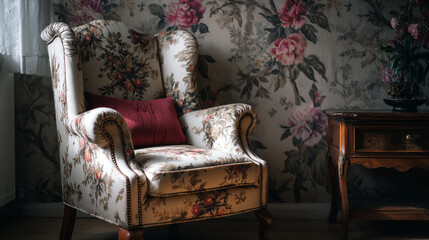 Elegant floral armchair in a vintage interior setting with soft natural light