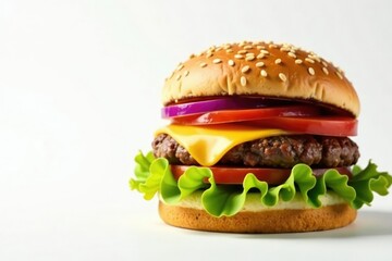A juicy burger on a white background with copy space , cheeseburger, copy space, top view