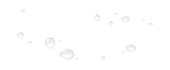 Realistic vector water drops png on a transparent light background. Water condensation on the surface with light reflection and realistic shadow. 3d vector illustration