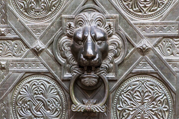 A detailed architectural element featuring a lion's head knocker.