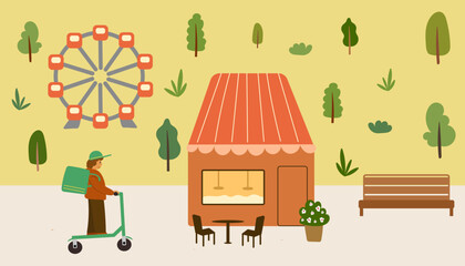 Male food delivery driver driving in city park.