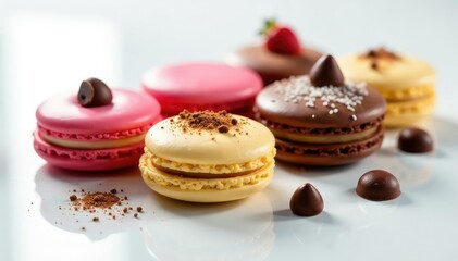 Fototapeta premium Assorted pastries, macarons, chocolate on pristine white , chocolate, delicious
