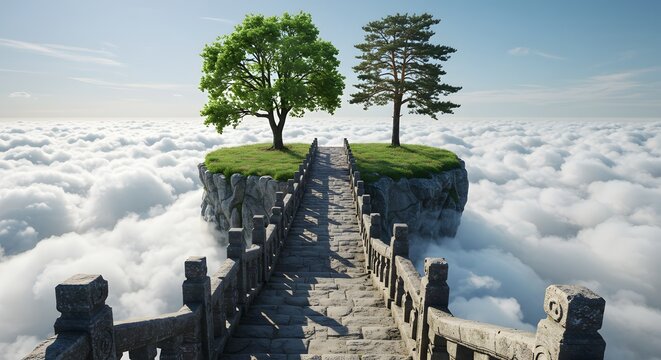 Fantasy Bridge to Floating Island Above Clouds with Two Trees