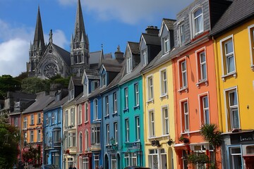Obraz premium Colorful Houses by Cobh Ireland Cathedral 