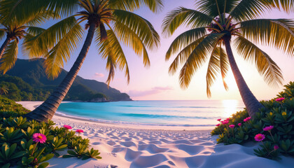A serene tropical beach with palm trees and pink flowers, featuring clear blue waters and a vibrant sunset.