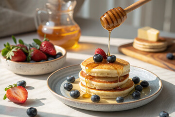 Golden Honey Drizzle Action Over Breakfast Pancakes