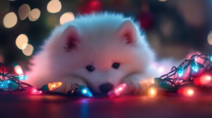 Fluffy White Samoyed Puppy Playing with Colorful Christmas Lights