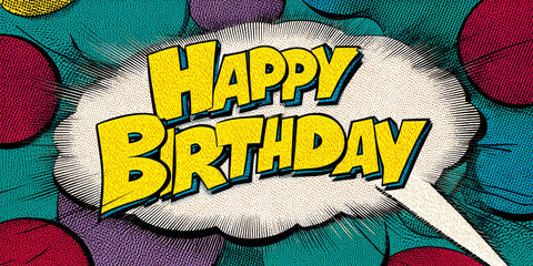 Yellow "Happy Birthday" text in comic book style speech bubble against colorful dotted background, celebratory and fun design, ideal for greeting cards or party invitations