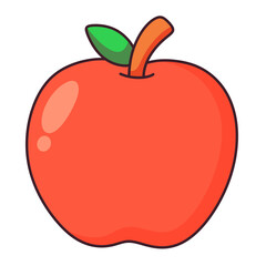 Red apple cartoon with stem and green leaf, simple cute fruit illustration, isolated on transparent background.