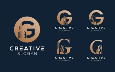 Set bundling letter G with building or architect logo design in luxury colors