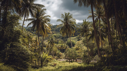 Obraz premium Lush palm trees surround a verdant landscape with dramatic clouds in a tropical setting