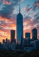 Obraz premium Modern city skyline with a dynamic colorful sunset casting vivid hues across sleek skyscrapers and reflecting off glass facades Generative AI