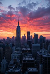 Obraz premium Modern city skyline with a dynamic colorful sunset casting vivid hues across sleek skyscrapers and reflecting off glass facades Generative AI