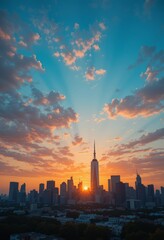 Fototapeta premium Modern city skyline with a dynamic colorful sunset casting vivid hues across sleek skyscrapers and reflecting off glass facades Generative AI