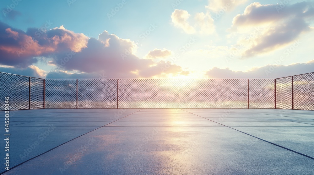 Poster blank open air presentation stage with glowing light between fence and floor and blue sky on backgro