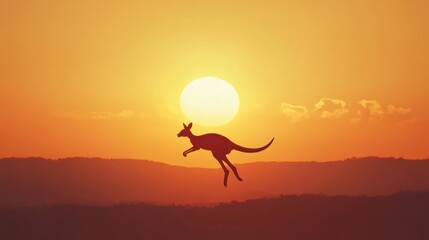 Sticker or label text Australia - kangaroo jump against sunset, vector illustration illustration