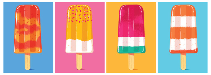 Bright and colorful popsicles in various flavors. Summer Frozen Treats Vector Illustration set. summer food designs, children's graphics, packaging, and seasonal advertising.