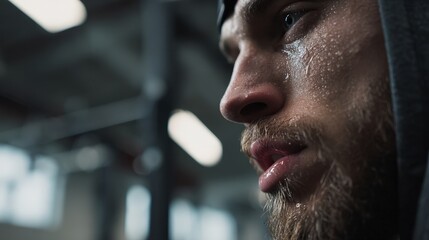 Focused expression of determination gym realistic photography intense environment close-up view lip quiver concept