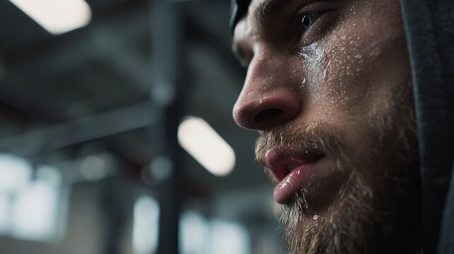 Focused expression of determination gym realistic photography intense environment close-up view lip quiver concept