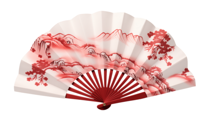Ornate hand fan with red landscape painting on a light colored surface isolated on transparent background	