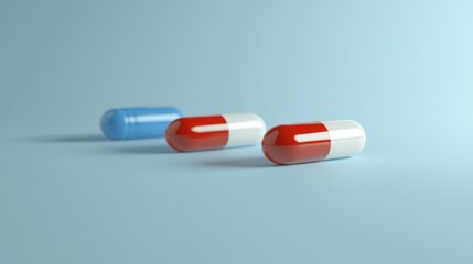 Medicine assortment including red and white capsules, blue pills on a light blue background with ample space for text or medical treatment information.