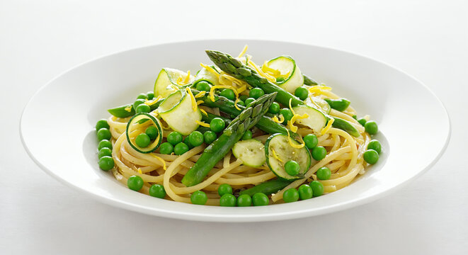 Hand-tossed pasta primavera with peas, asparagus, zucchini ribbons, and lemon zest  - Powered by Adobe