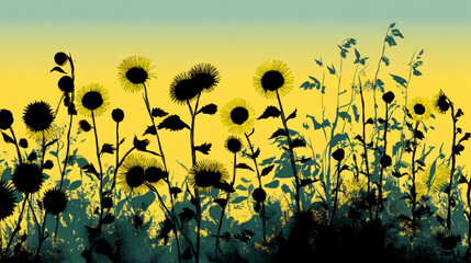 Silhouette sunflowers field illustration graphic art design, wallpaper background nature landscape art.