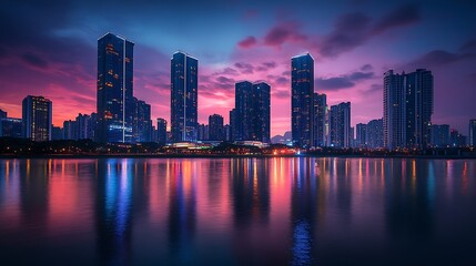 Fototapeta premium Vibrant cityscape reflected in a tranquil river at dusk.