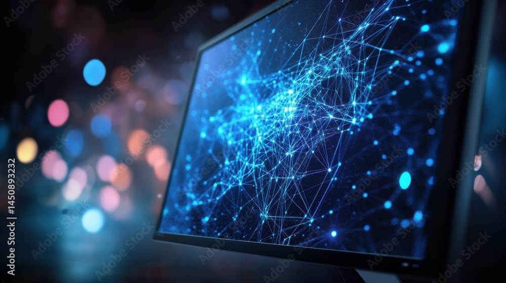 Poster futuristic computer monitor displaying a vibrant digital network concept with star-like connections.