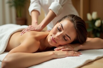 A woman relaxing on a massage table, eyes closed, enjoying a calming back massage in a tranquil spa setting.