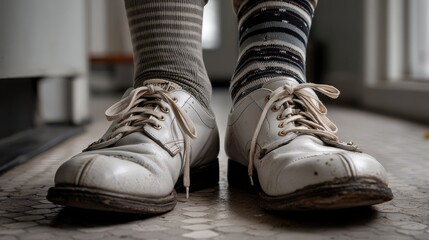 Mismatched socks in standard footwear interior space realistic photograph cozy atmosphere ground level quirky fashion statement