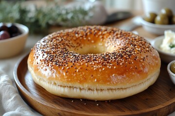 simit with golden crust sprinkled with sesame seeds served on a wooden plate with a small dish of soft cheese and olives warm morning light soft-focus background pastel ceramic tableware 