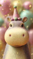 Close-up of a hippo wearing a party hat, surrounded by pastel balloons and confetti, conveying joy, celebration, and festivity