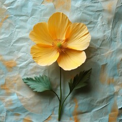 single buttercup flower placed on textured handmade paper subtle pastel background with gentle warm sunlight cozy intimate aesthetic