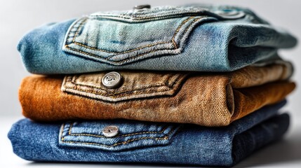 Folded denim jeans on white background