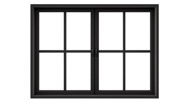 A window with a paneled frame and a handle in a symmetrical design isolated on transparent background	