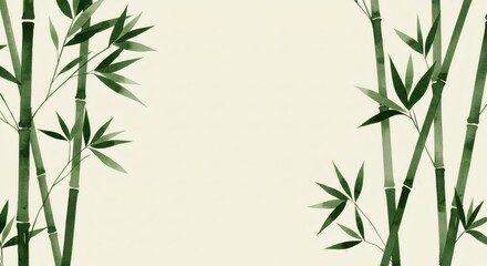 Fototapeta premium Watercolor illustration of stylized bamboo leaves in deep green on a soft light background, minimal and elegant for Asian-inspired or eco-themed designs.