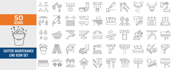 Gutter Maintenance Icons Vector Set of Downspout Cleaning, Hose, Ladder, Bracket, Debris, Leaf Guard & Repair, Thin Line Illustrations