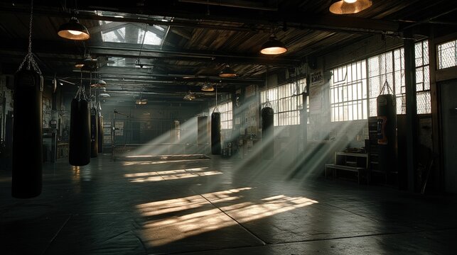 Pre-fight warmup empty gym high fidelity photograph indoor atmosphere ground level view realistic concept
