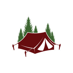 Camping tent in forest silhouette illustration.