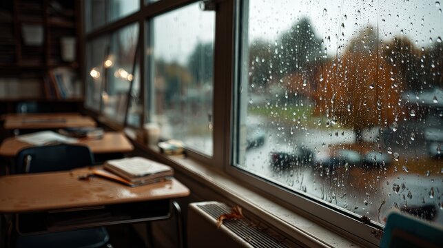 Rain falling outside classroom school environment realistic photograph indoor viewpoint emotional atmosphere