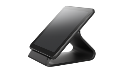 Angled view of a gray electronic device on a stand isolated on transparent background	