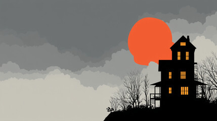 Haunted house silhouette illustration with orange moon and spooky sky for halloween night scene art