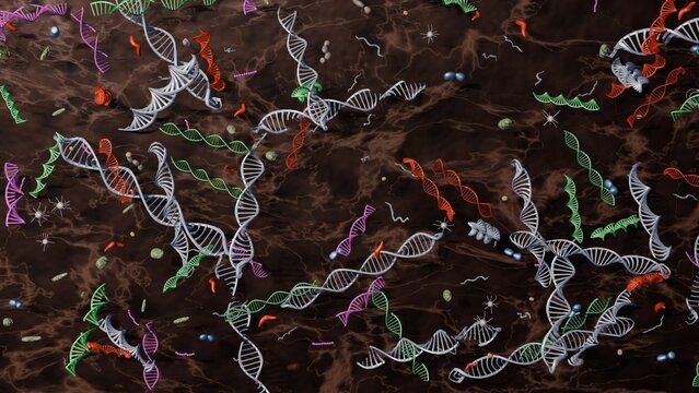 Fragments of DNA in soil underground. DNA, EDNA pieces in earth and mud. 3d render illustration.