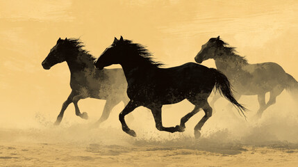 Horses running silhouette, wild mustang equine herd gallop desert sand scenic freedom power.