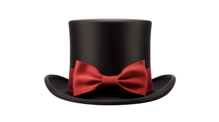 A top hat with a red bow tie isolated on transparent background	
