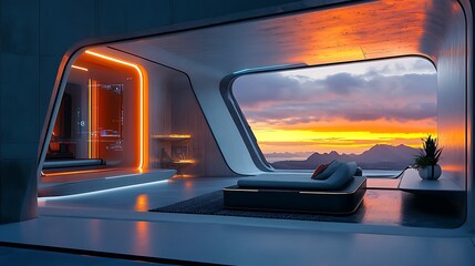 Fototapeta premium Futuristic interior design with panoramic sunset view.