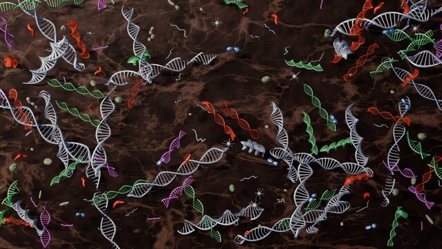 Fragments of DNA in soil underground. DNA, EDNA pieces in earth and mud. 3d render illustration.